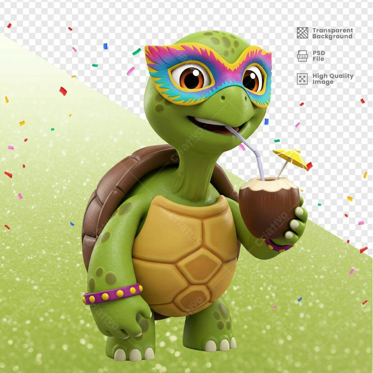 Mascote Tartaruga Carnaval PSD Editável