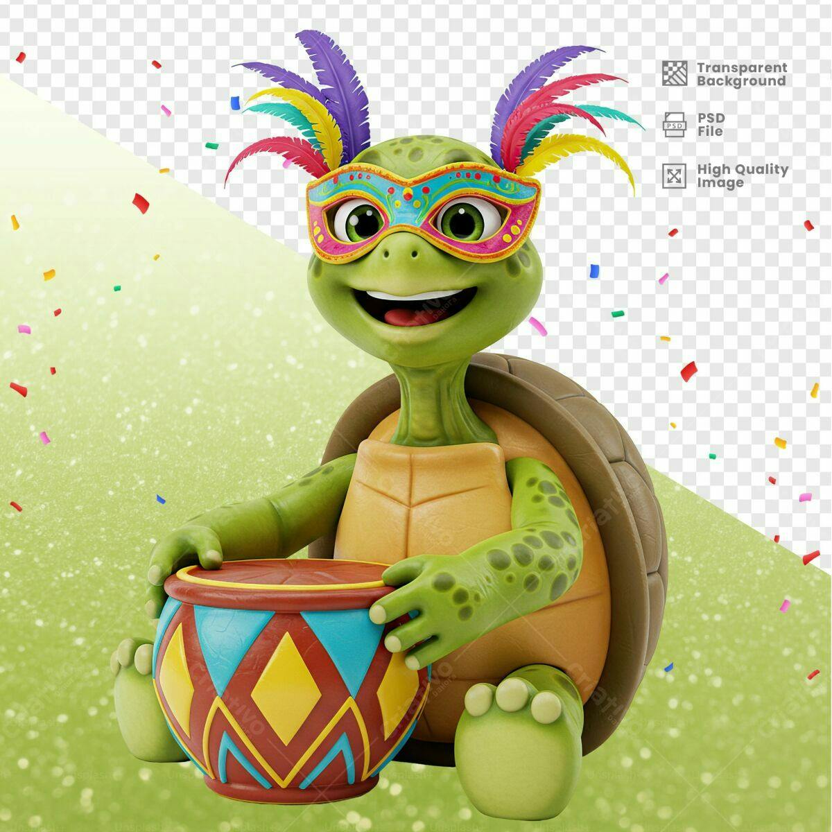 PSD Tartaruga Carnavalesca com Tamborim PSD Editável