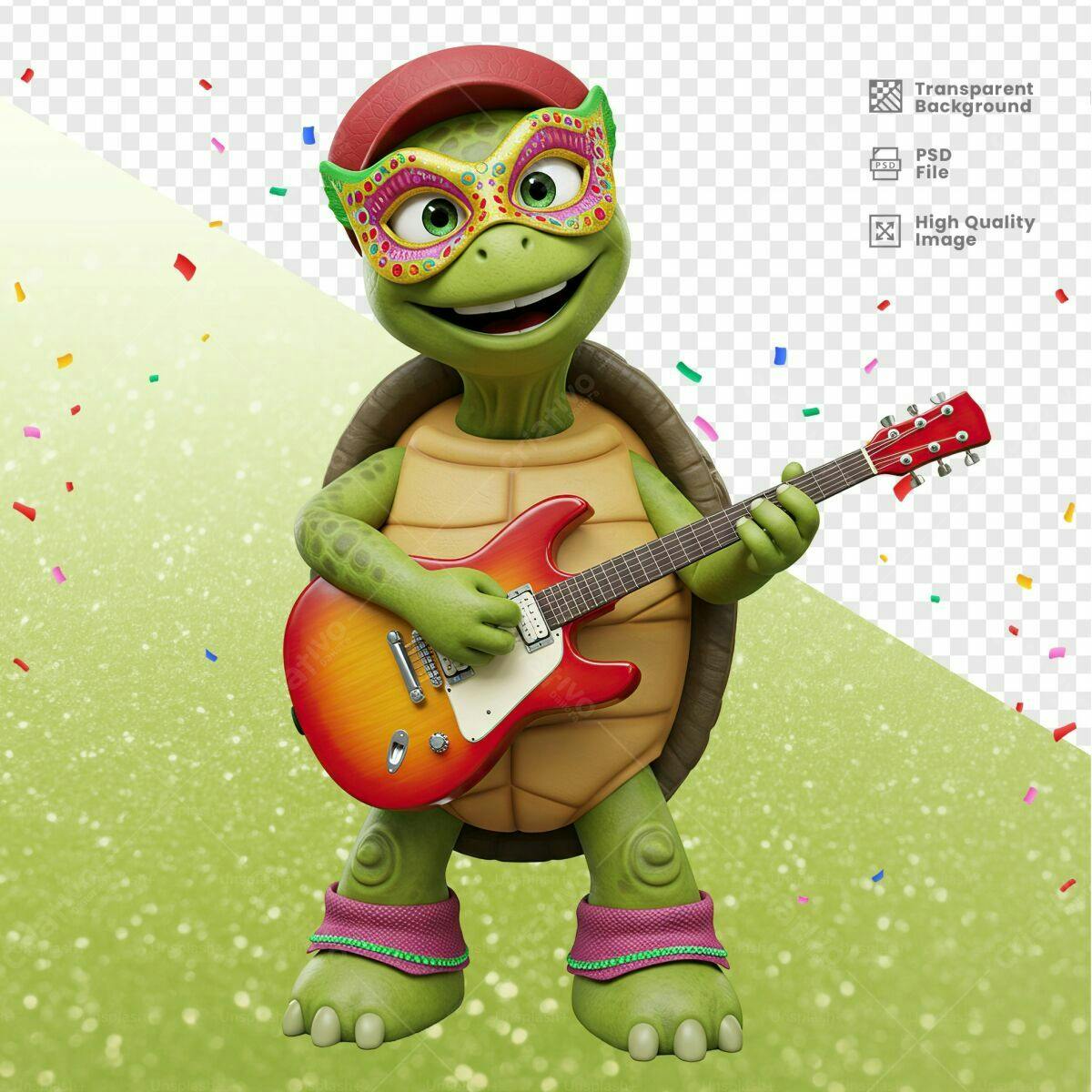 PSD Tartaruga com Guitarra para Festa Carnavalesca Editável