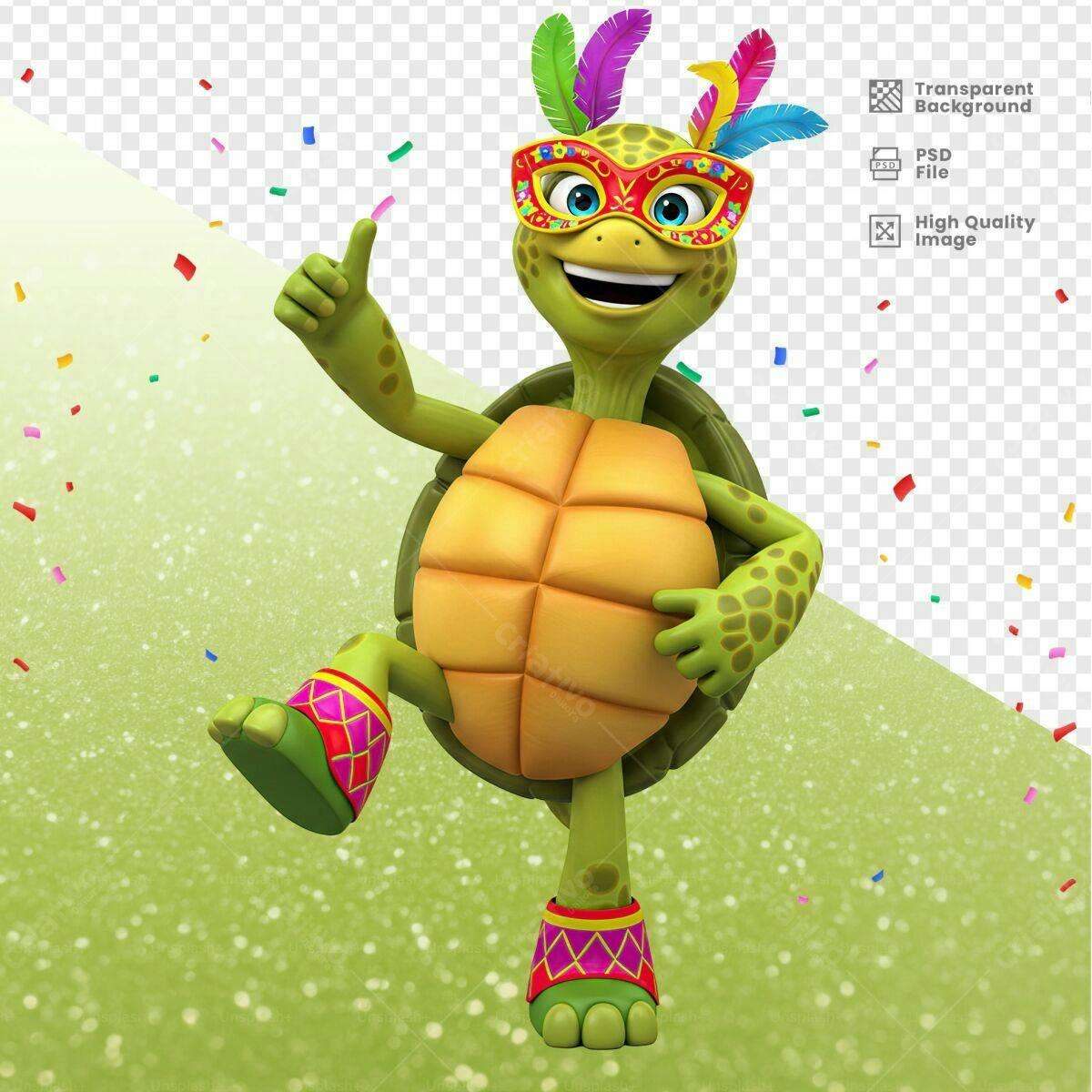 Mascote Tartaruga Carnaval PSD Editável
