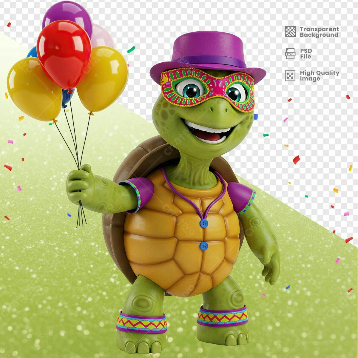 Mascote Tartaruga Carnaval PSD Editável