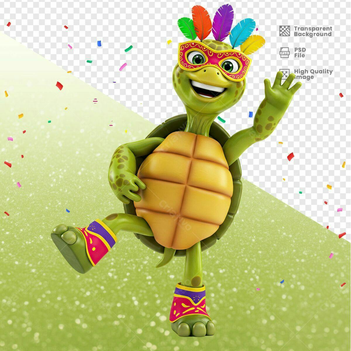 Mascote Tartaruga Carnaval PSD Editável