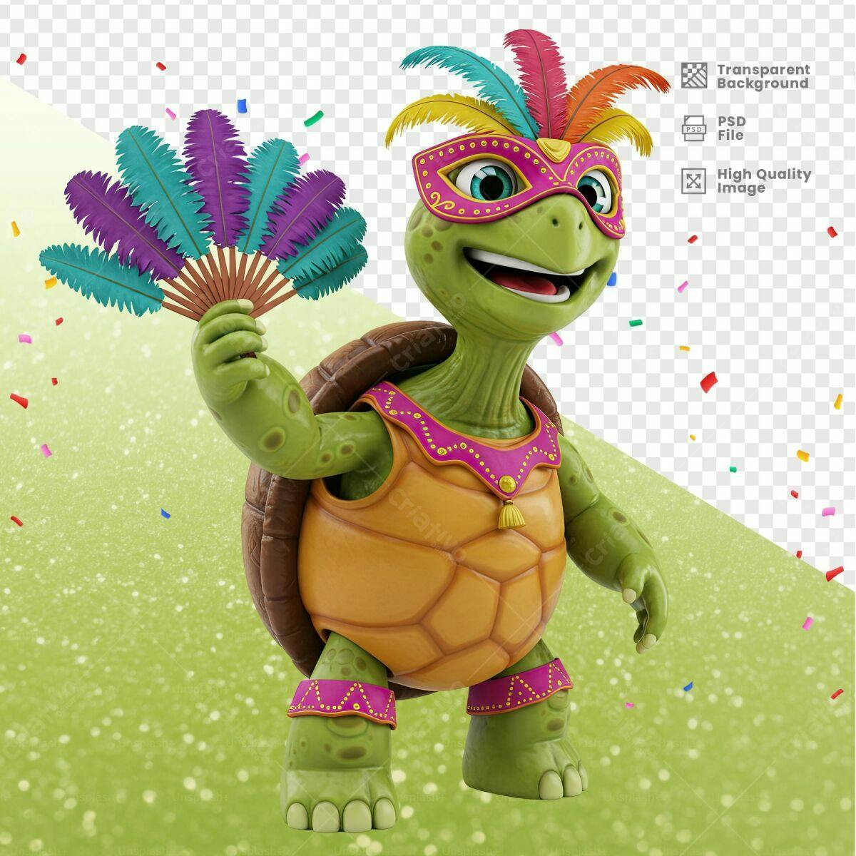 Mascote Tartaruga Carnaval PSD Editável
