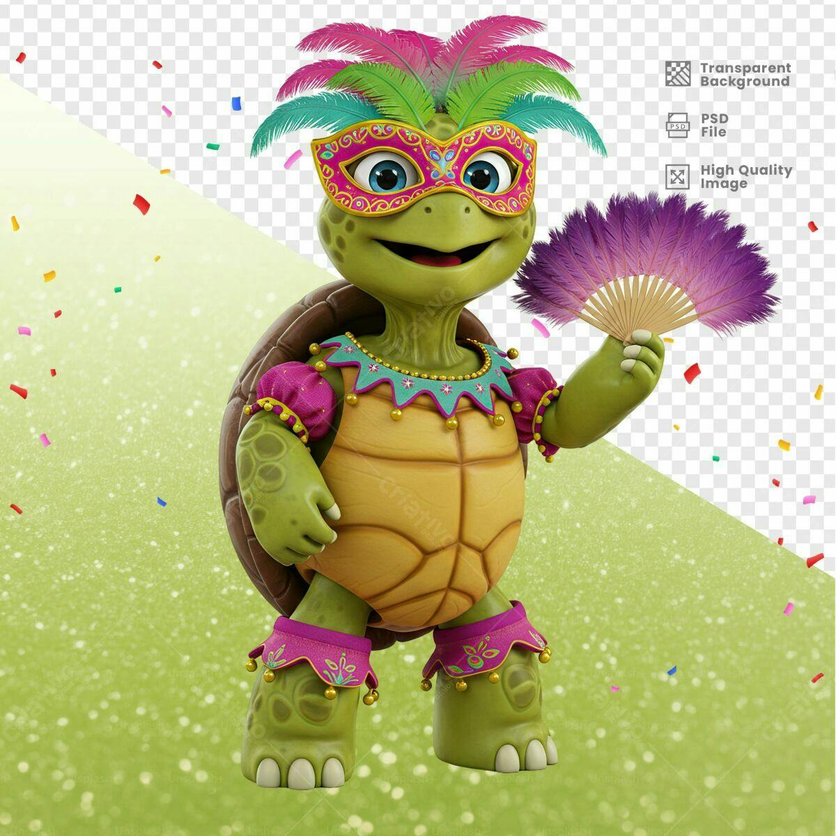 Mascote Tartaruga Carnaval PSD Editável
