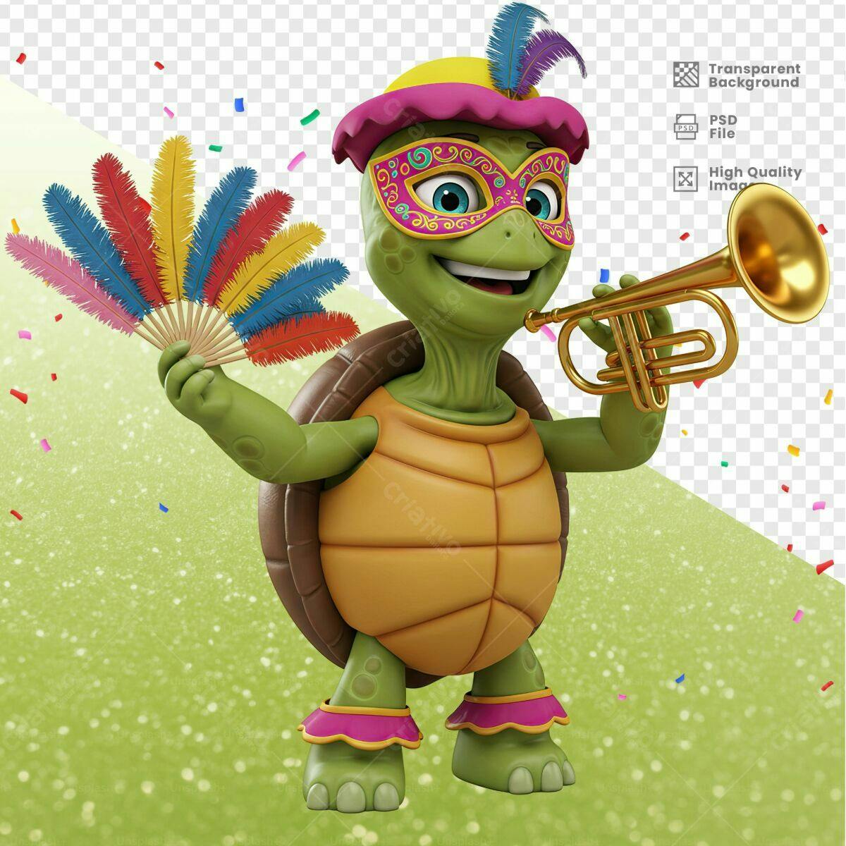 Mascote Tartaruga Carnaval PSD Editável