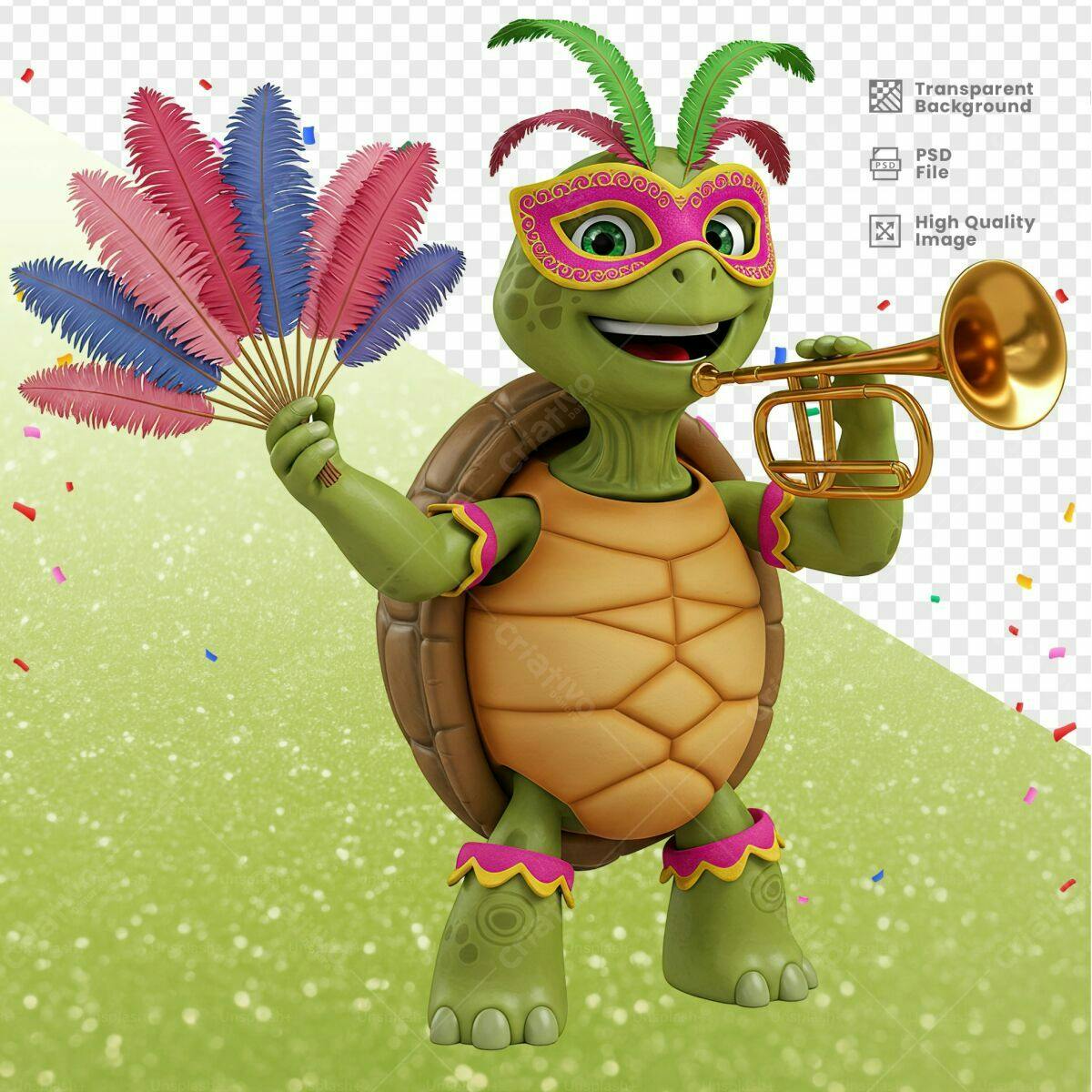 Mascote Tartaruga Carnaval PSD Editável