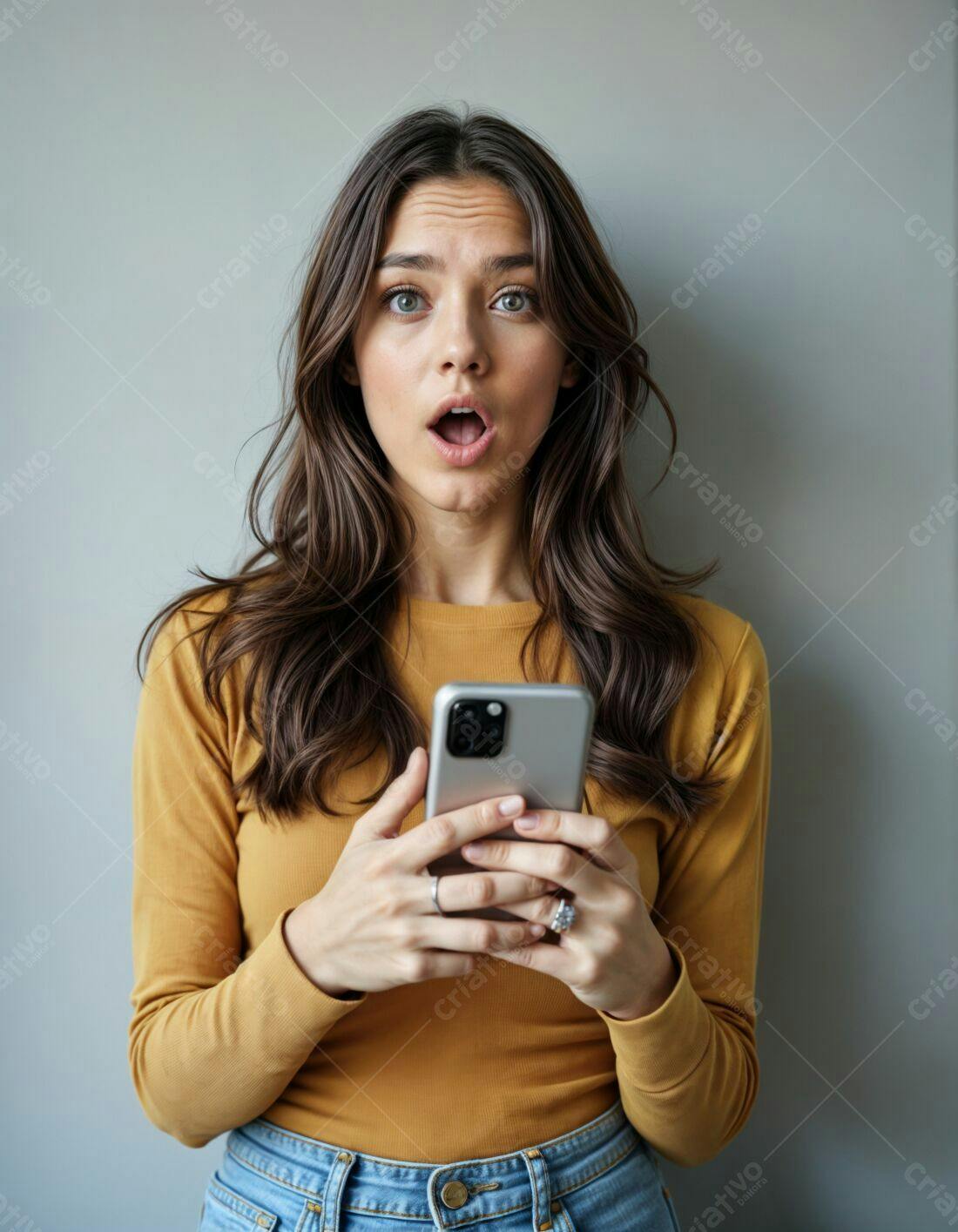 Mulher surpresa olhando celular fundo cinza