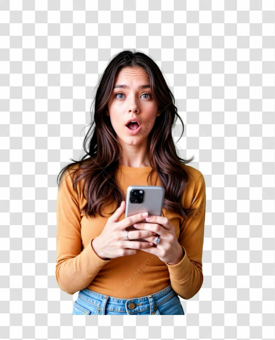Imagem PNG mulher surpresa celular fundo transparente