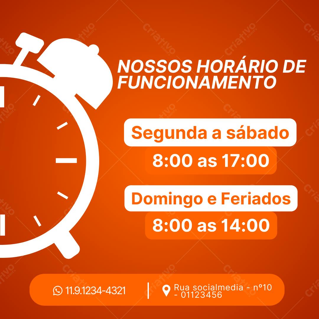 Post Instagram Horário de Funcionamento Laranja e Branco Editável no Canva