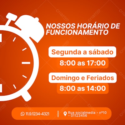 Post Instagram Horário de Funcionamento Laranja e Branco Editável no Canva