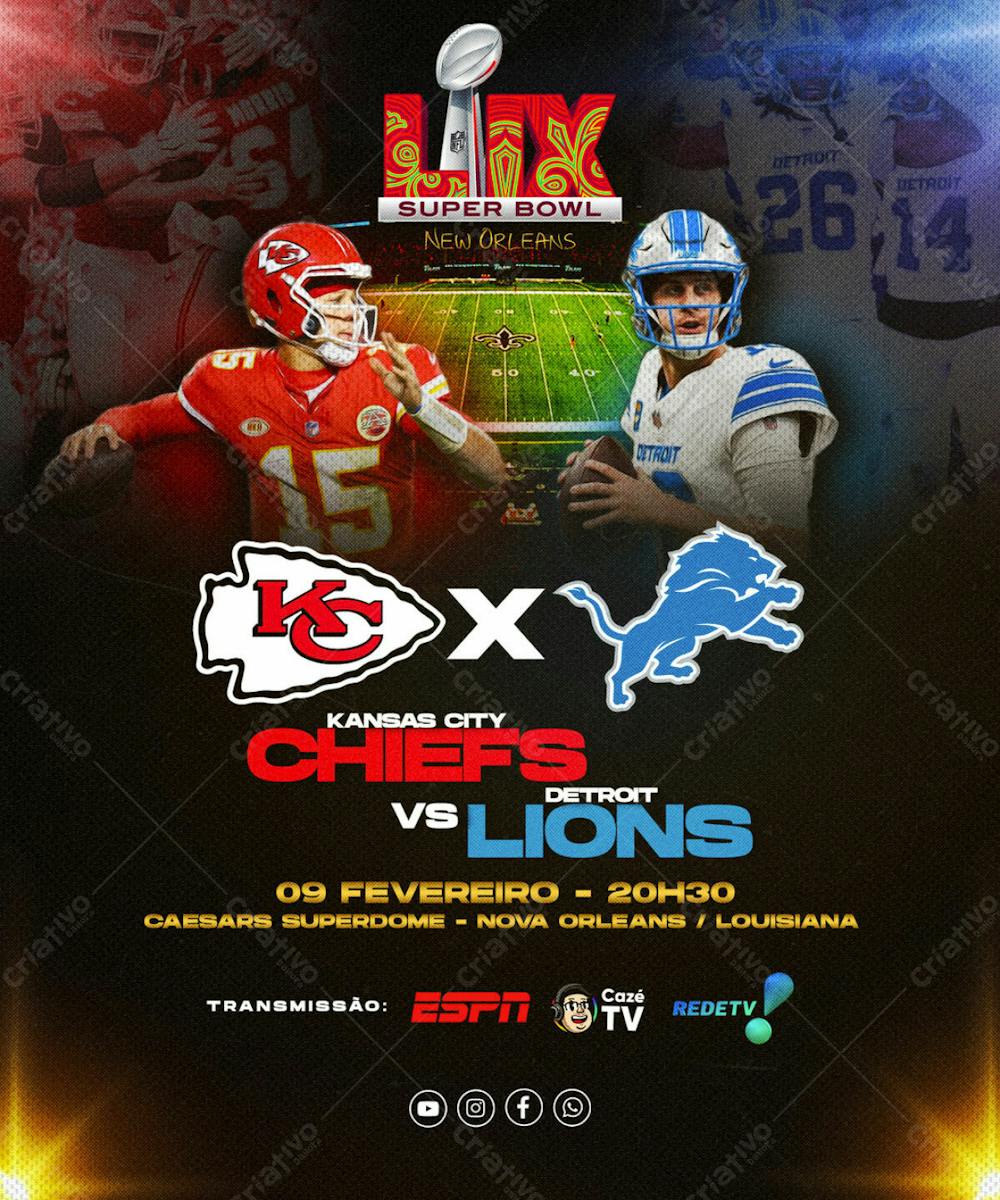 FLYER ESPORTIVO FUTEBOL AMERICANO NFL SUPERBOWL 2025 FINAL