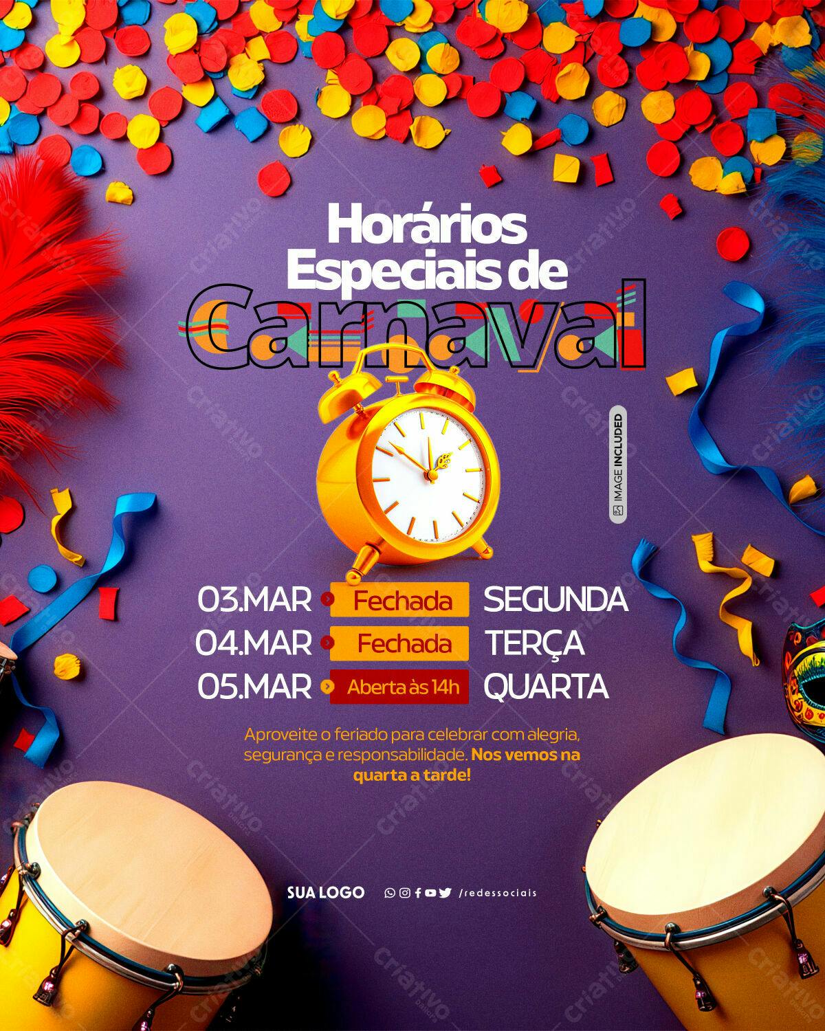 Flyer Carnaval Horários Especiais PSD Editável
