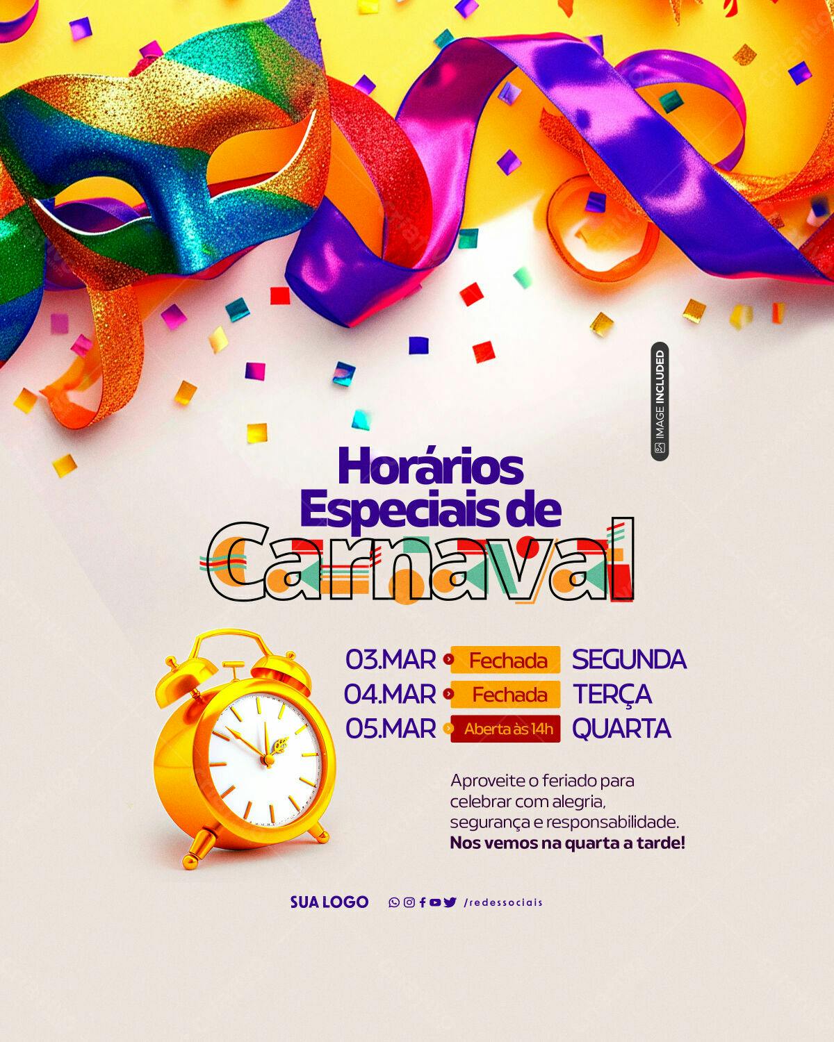 Flyer Carnaval Horários Especiais PSD Editável