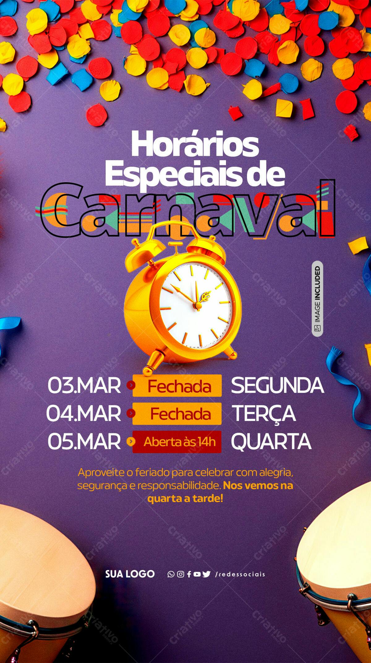 Flyer Carnaval Horários Especiais PSD Editável