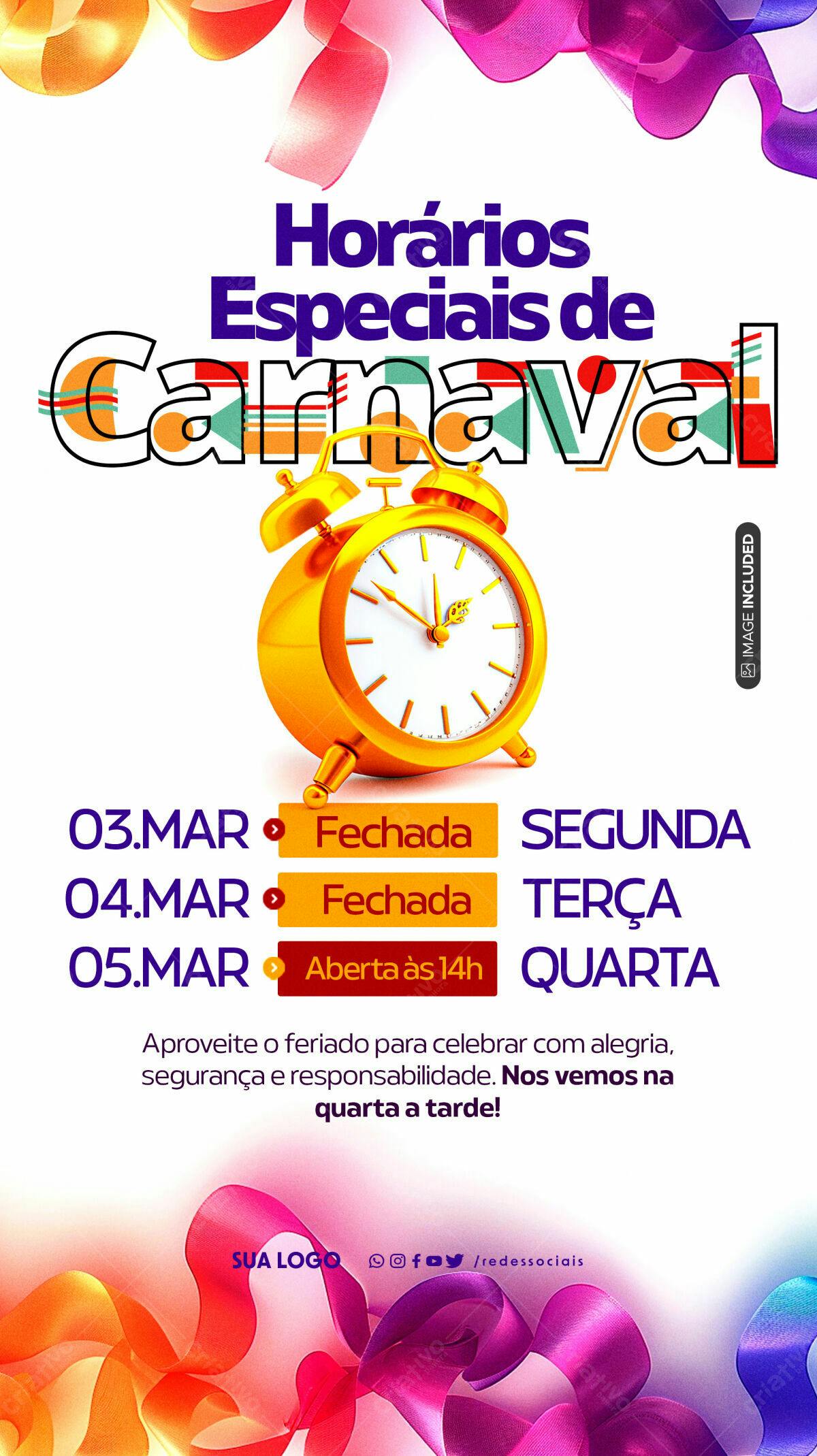Flyer Horários Especiais de Carnaval PSD Editável