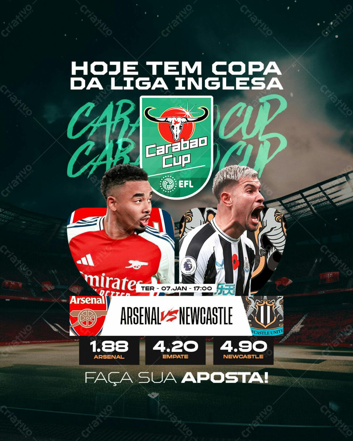 Flyer Copa da Liga Inglesa Arsenal x Newcastle PSD Editável