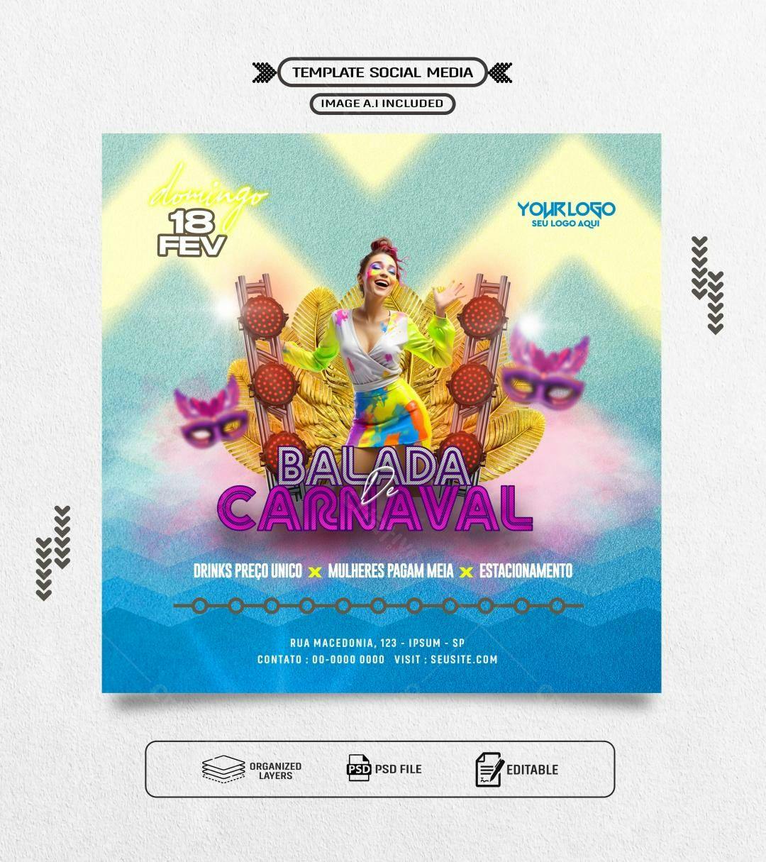 Flyer Carnaval 18 de Fevereiro PSD Editável