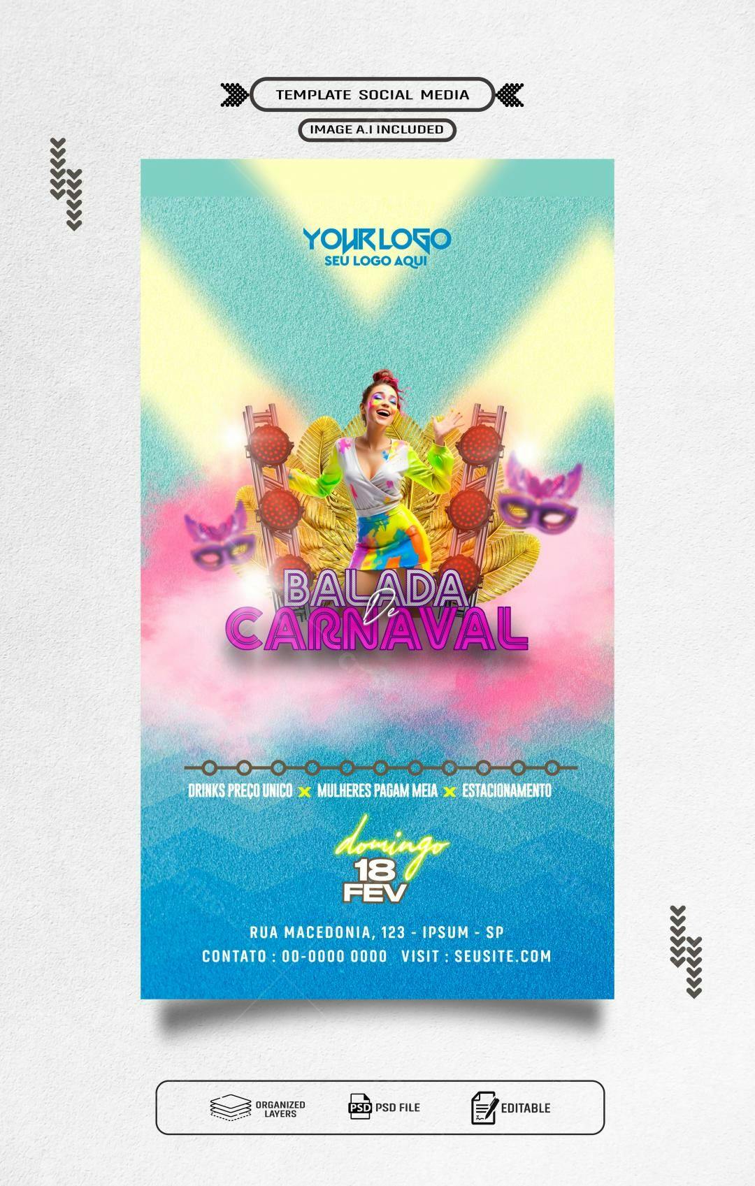 Flyer para Balada de Carnaval PSD Editável
