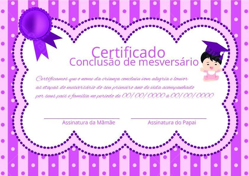 Ilustração Vetorial Certificado Mesversário Menina Lilás