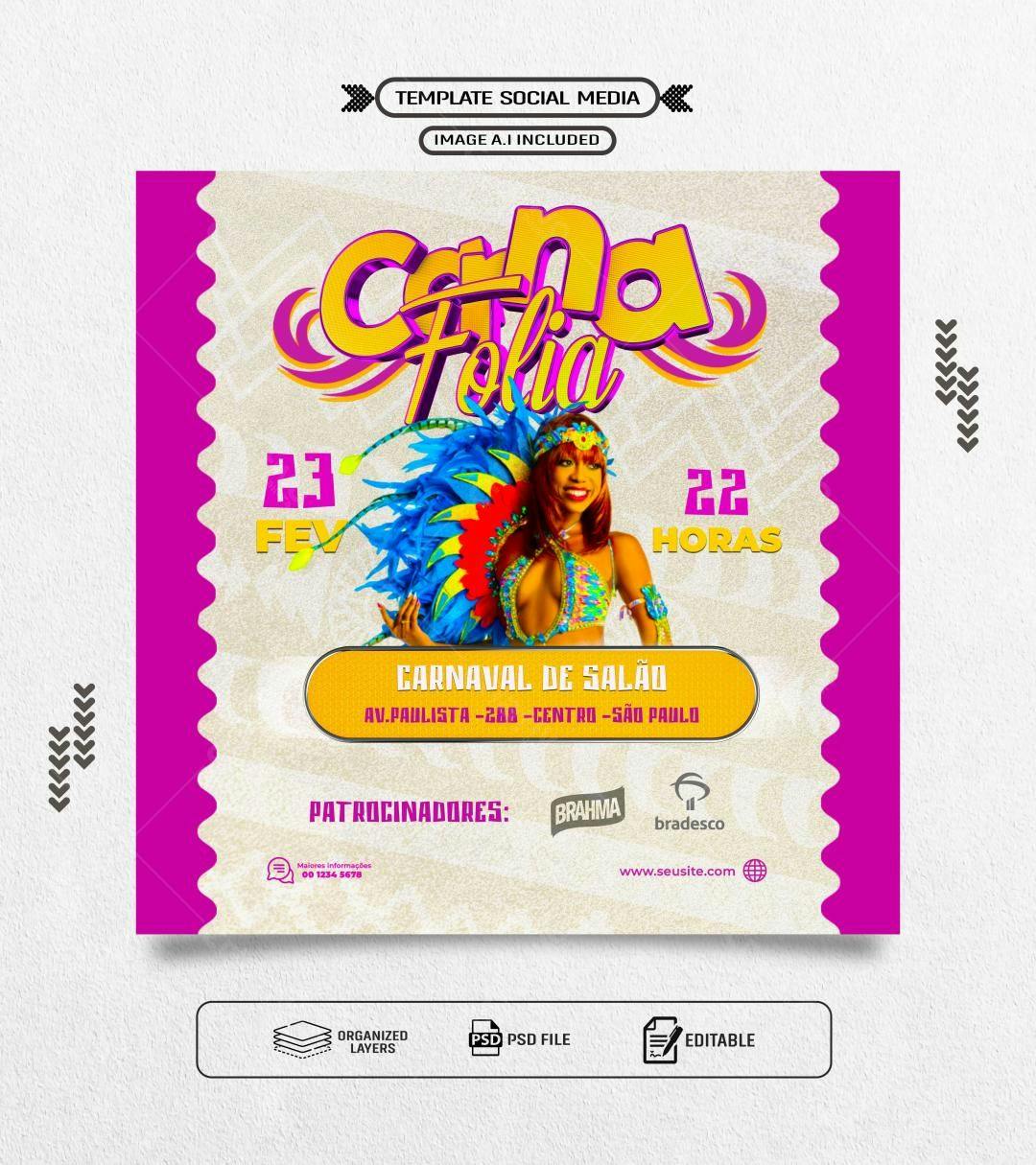Flyer Carnaval de Salão PSD Editável