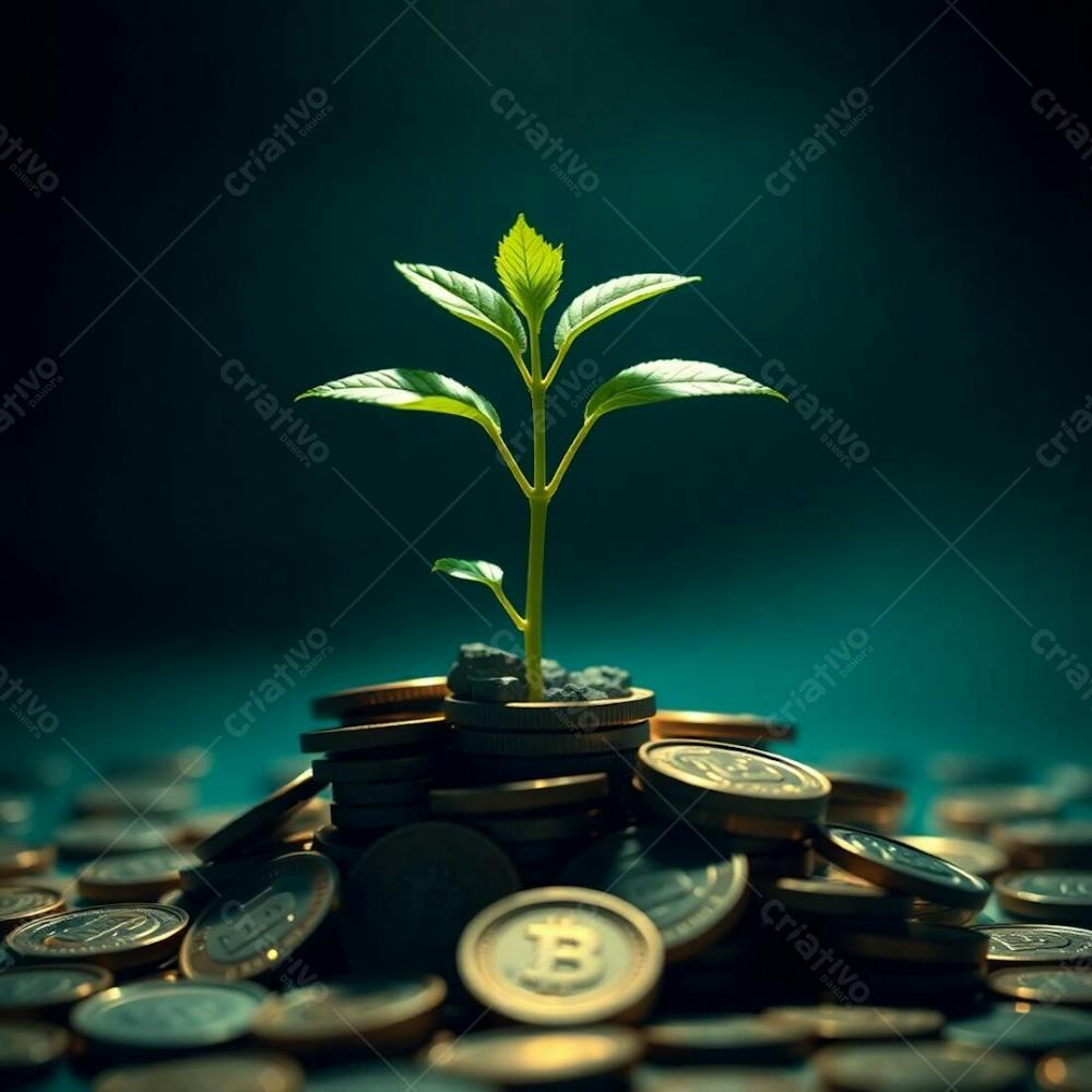 4K Photorealistic Image Intense Dramatic Lighting Rich Deep Teal Tones A Plant Growing From Coins Symbolizing Financial Growth High Contrast Luxurious And Vibrant Aesthetic