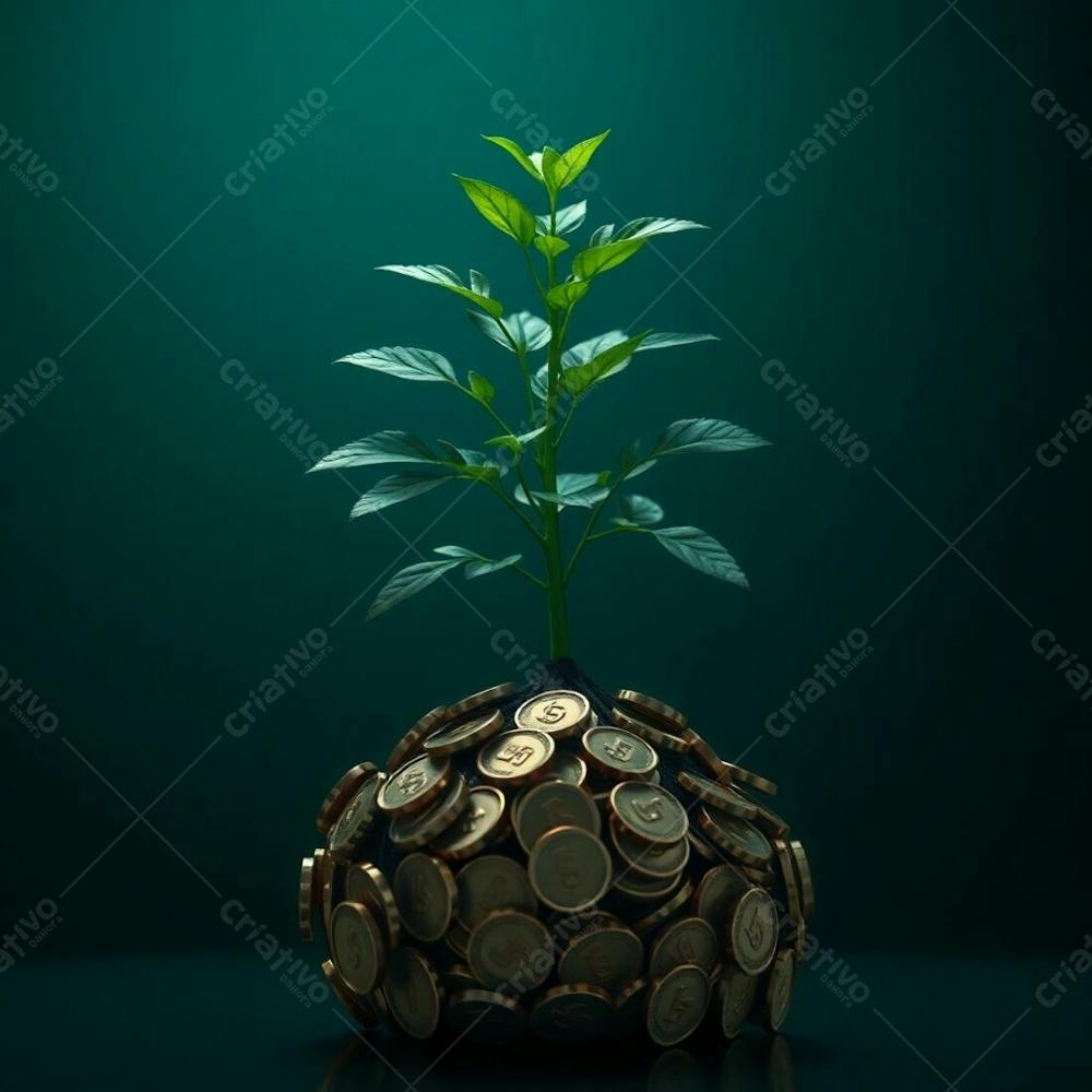 4K Photorealistic Image, Plant With Roots Made Of Coins, Deep Teal Dominant Color, Intense Dramatic Lighting, High Contrast, Vibrant Luxurious Aesthetic, Conveying Financial Growth