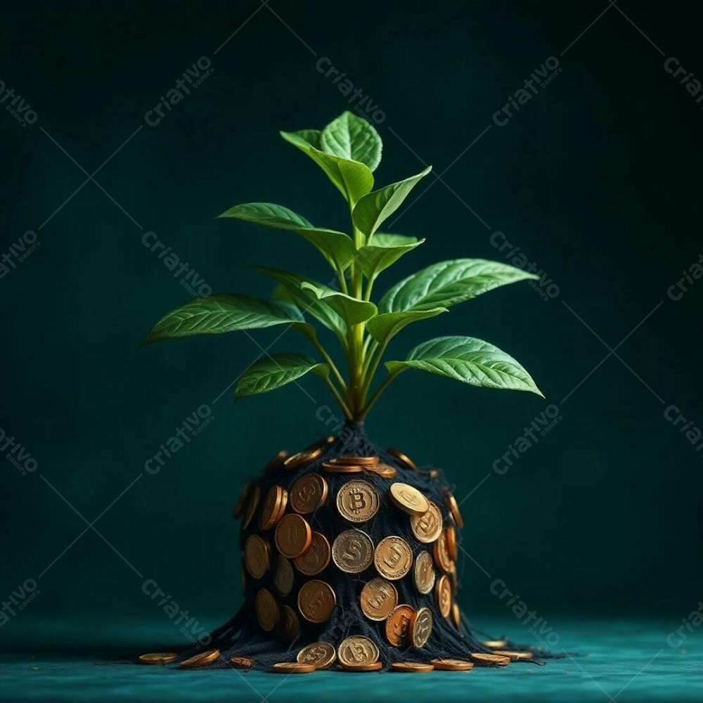 4K Photorealistic Rendering A Plant With Coin Roots Symbolizing Financial Growth Deep Teal Tones Dramatic Lighting High Contrast Rich Detailed Textures Luxurious Feel