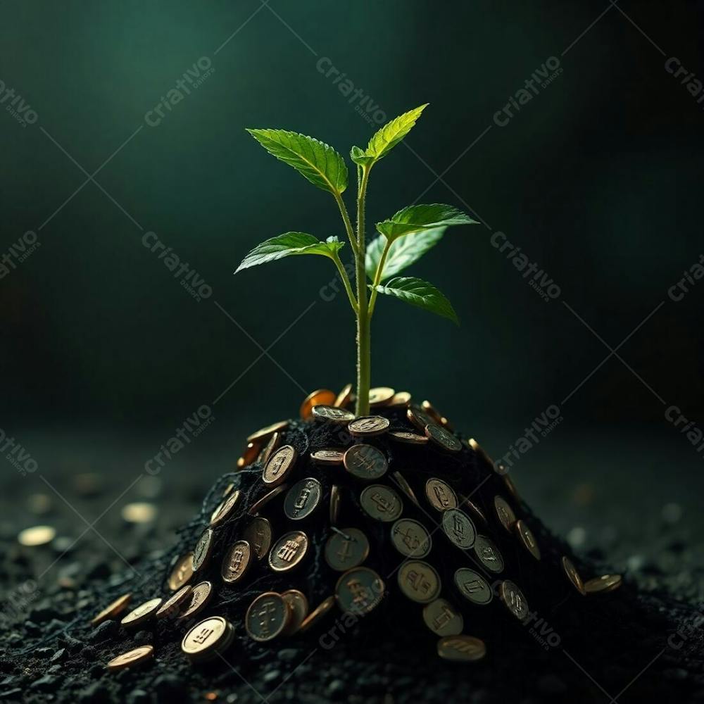 4K Realistic Image A Plant With Coin Roots, Teaching That One Should Plant Money To Harvest Money, Deep Teal Tones, Intense Dramatic Lighting, Luxurious And Vibrant Feel, High Contr