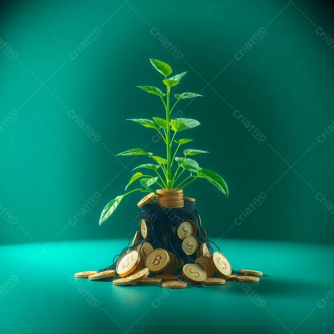 Planta crescendo em moedas de ouro e Bitcoin