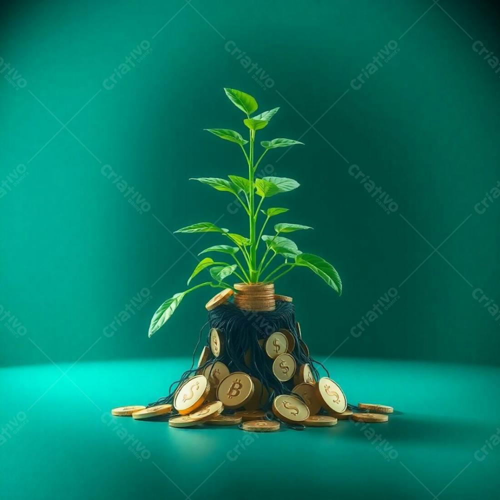 4K Realistic Image Depicting A Plant With Coin Roots Symbolizing Financial Growth, Illuminated By Dramatic Lighting, Deep Teal Color Palette, Luxurious And Vibrant Aesthetic, High C