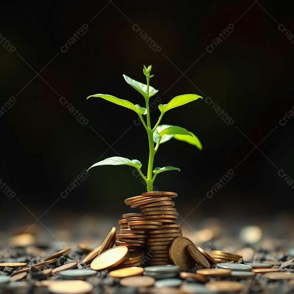 4K Realistic Image Depicting A Plant With Roots Of Coins Illustrating The Concept Of Planting Money To Harvest Money. Vibrant Colors, Strong Hard Light, Blurred Bokeh, Lively And E