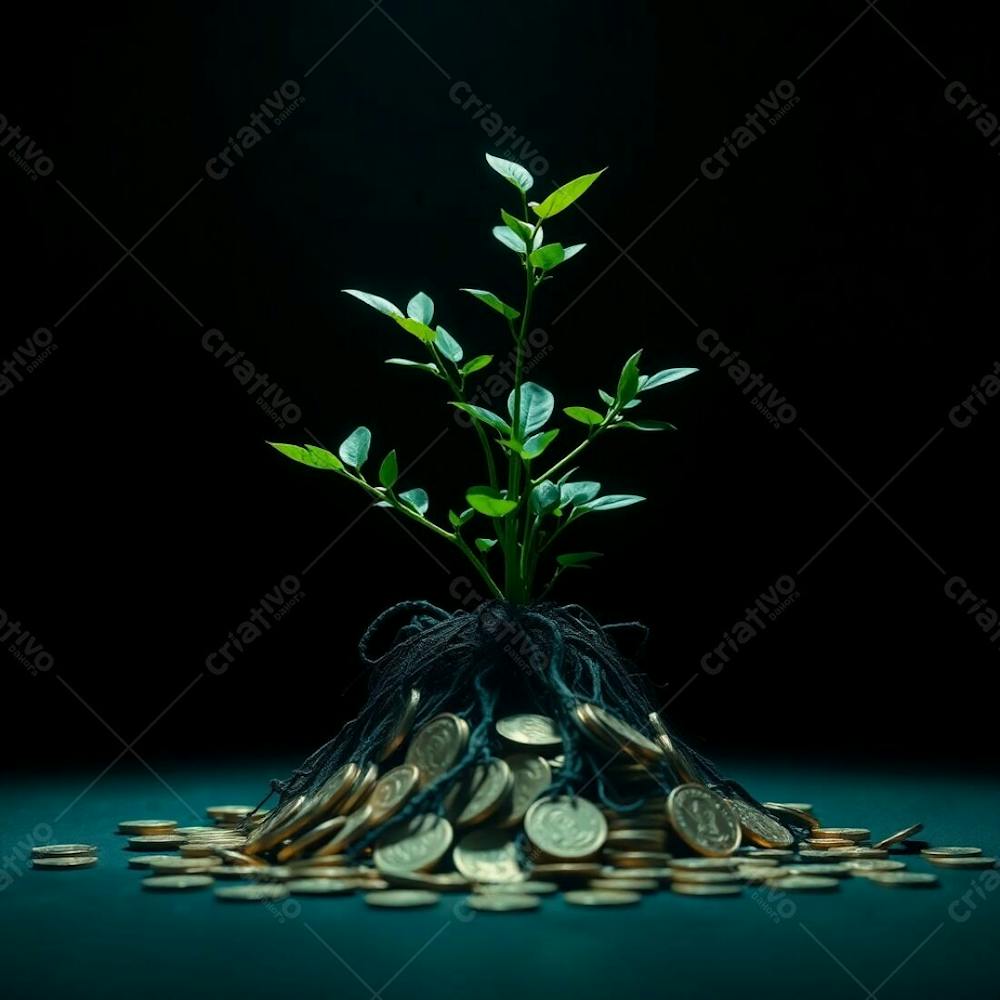 4K Realistic Image Intense Dramatic Lighting Plant With Roots Made Of Coins Deep Teal Color Palette High Contrast Luxurious Vibrant Aesthetic Conveying Financial Growth