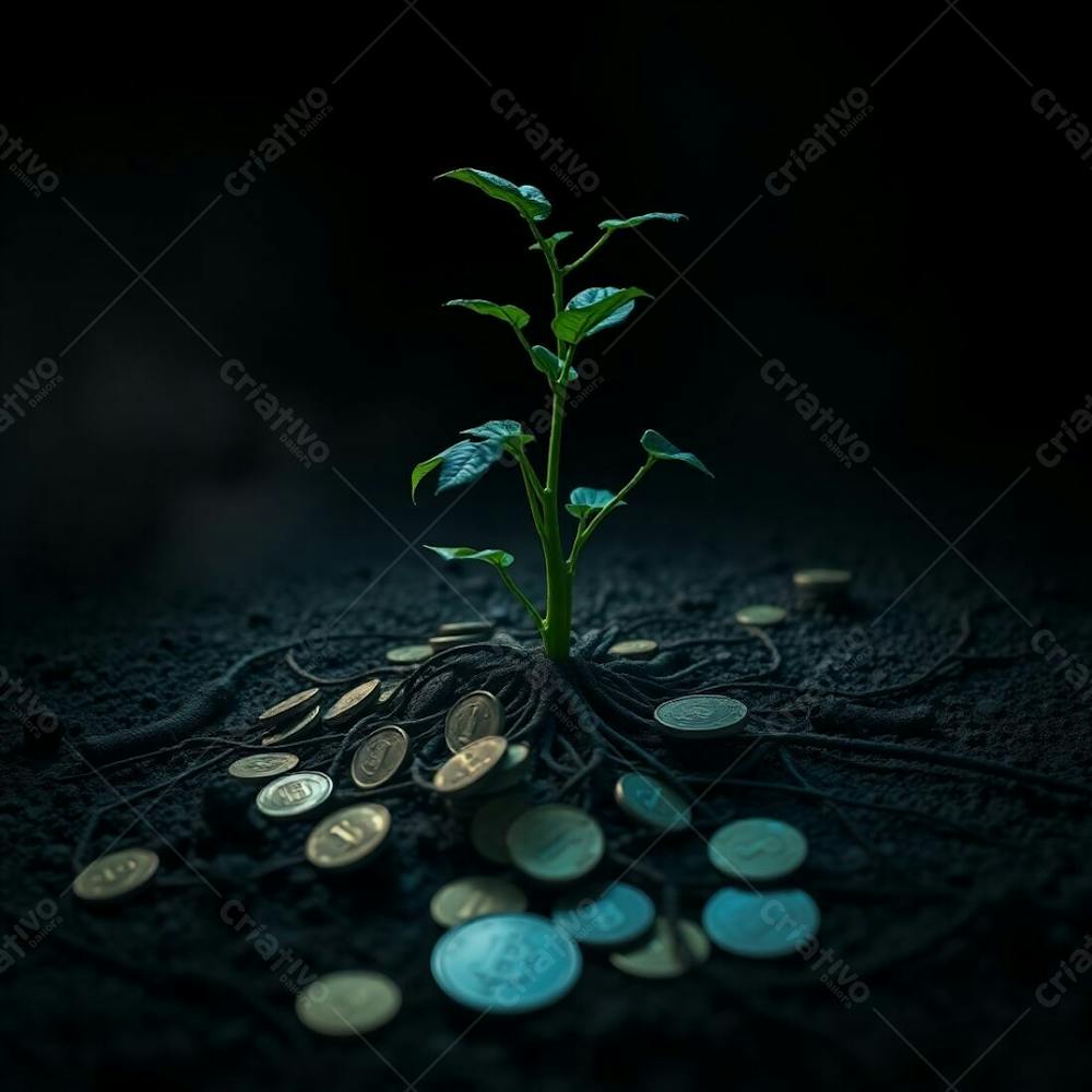 4K Realistic Image Of A Plant With Coin Roots Conveying The Concept Of Financial Planting. Eerie, Creepy Atmosphere With High Contrast, Low Key Lighting, Deep Shadows, Dark Tones, U