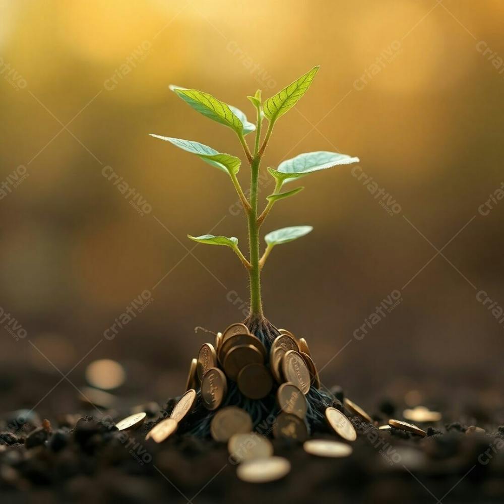 4K Realistic Image Of A Plant With Coin Roots Illustrating The Concept Of Planting Money To Harvest Money Blurred Bokeh Effect Warm Soft Dark Tones Professional Photography Style So