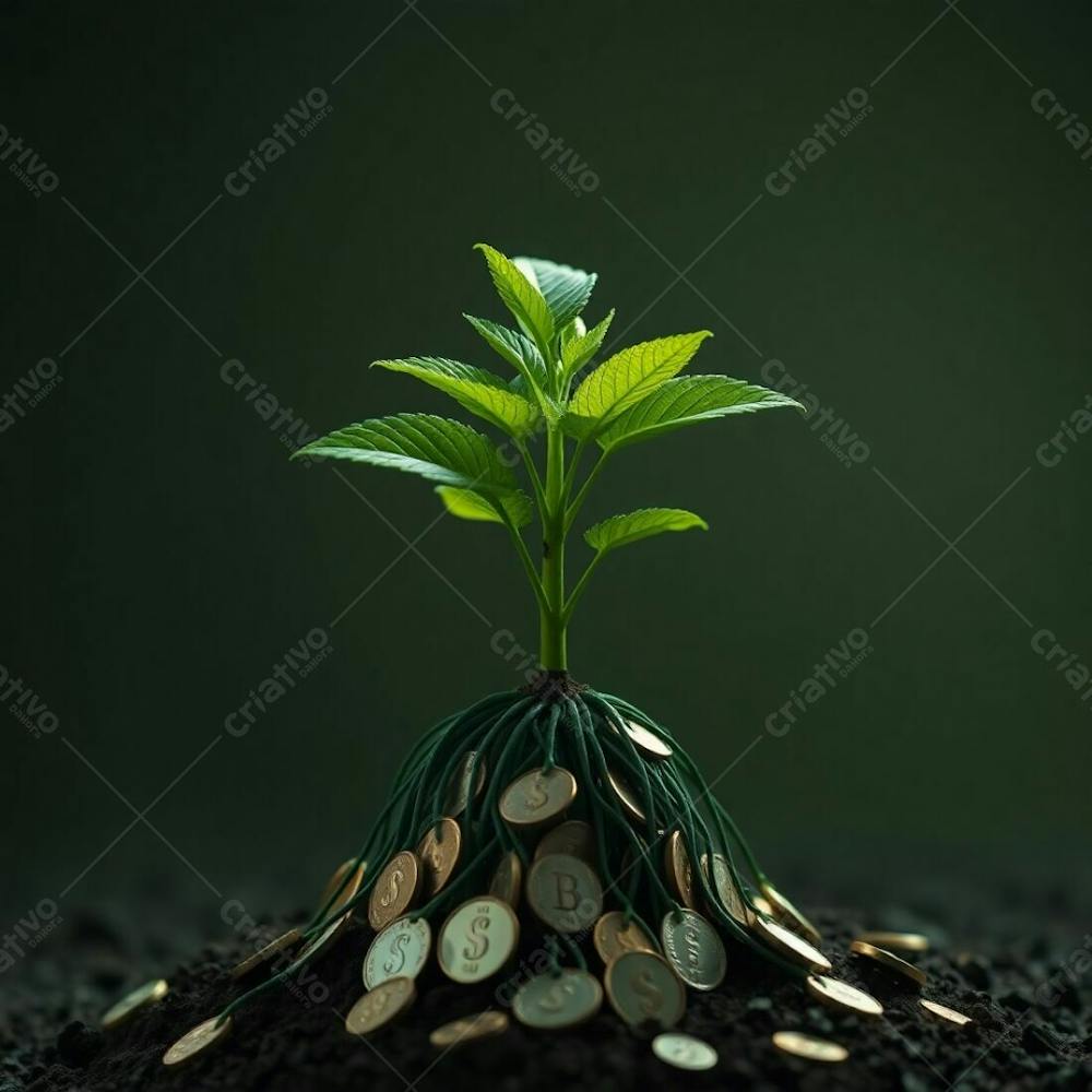 4K Realistic Image Of A Plant With Coin Roots Illustrating The Concept Of Planting Money To Harvest Money Dramatic Cinematic Style Smooth Gradient Transitions Film Like Composition