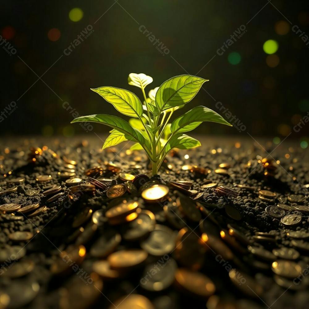 4K Realistic Image Of A Plant With Coin Roots Illustrating The Concept Of Planting Money To Harvest Money Dreamlike Surreal Low Angle Perspective Iridescent Colors Looking Up Dramat