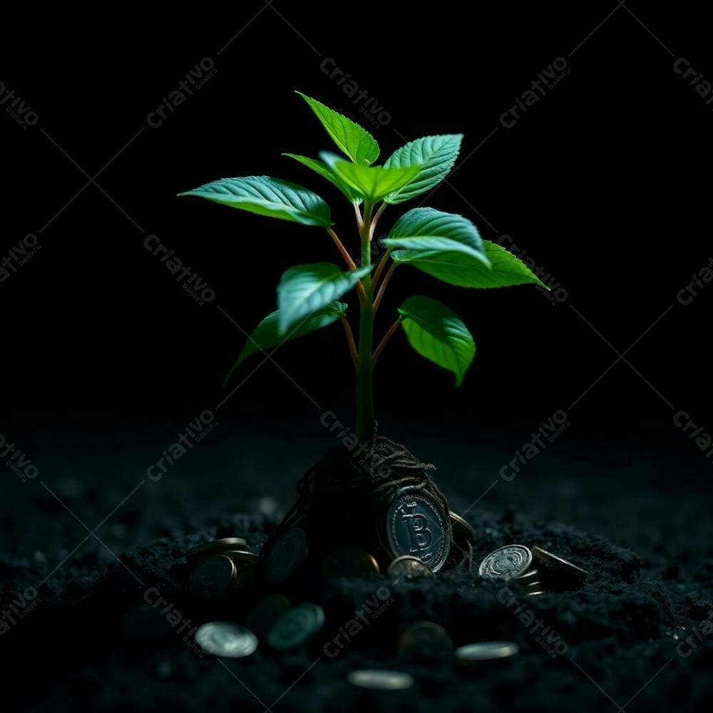 4K Realistic Image Of A Plant With Coin Roots Illustrating The Concept Of Planting Money To Harvest Money High Contrast Low Key Lighting Cool Color Palette Blues Greens Purples Deep