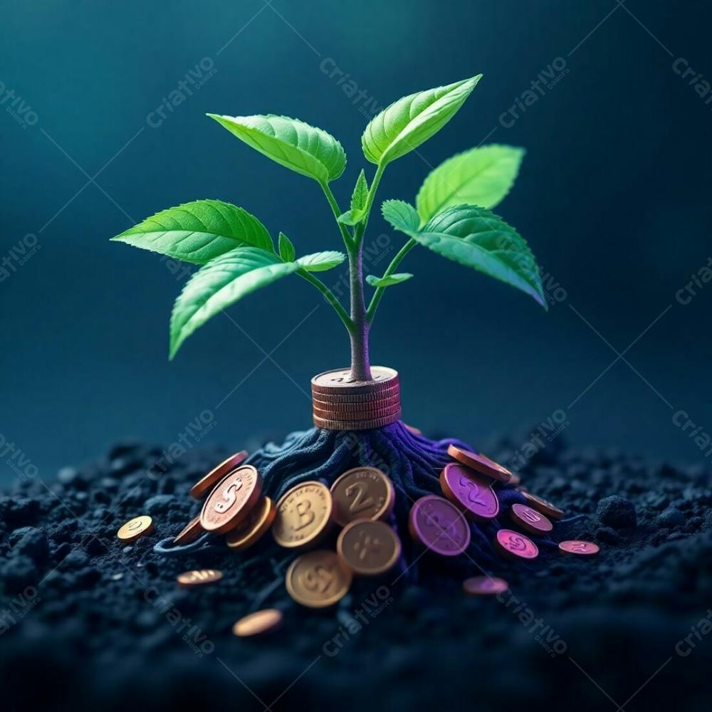 4K Realistic Image Of A Plant With Coin Roots Representing Financial Growth. Cool Color Palette Featuring Blues, Greens, And Purples