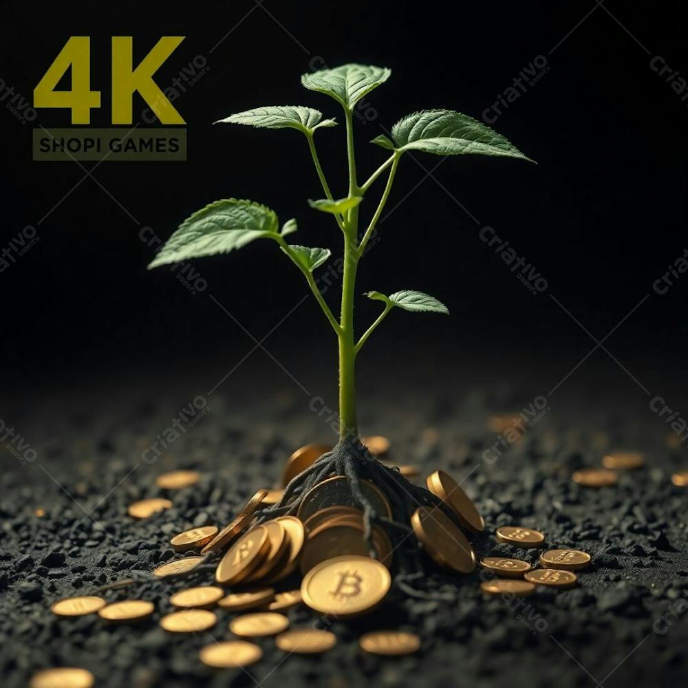 4K Realistic Image Of A Plant With Coin Roots Symbolizing Financial Growth. Warm, Slightly Dark, Soft Professional Photography With Creative Light Art, Dramatic Cinematic Style, Fil