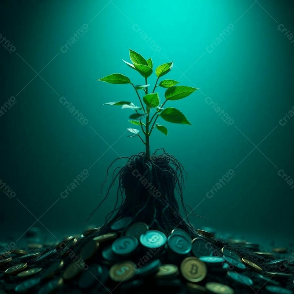 4K Realistic Image Of A Plant With Roots Of Coins Illustrating The Concept Of Planting Money To Harvest Money Deep Teal Color Palette Intense Dramatic Lighting Luxurious Vibrant Hig