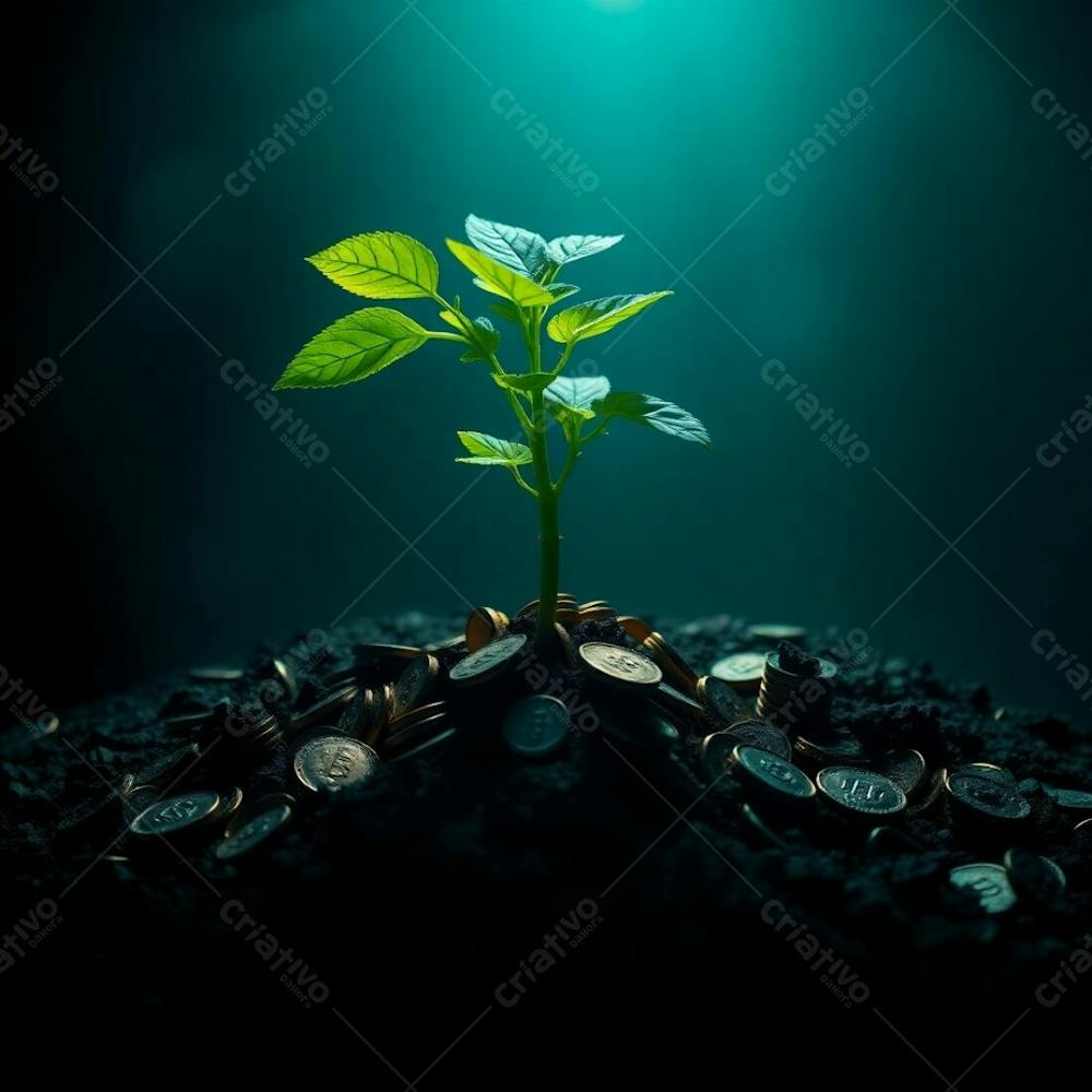 4K Realistic Image Of A Plant With Roots Of Coins Illustrating The Concept Of Planting Money To Harvest Money Intense Dramatic Lighting Rich Deep Teal Luxurious Vibrant High Contras