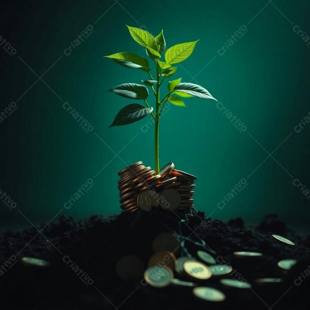 4K Realistic Image Of A Plant With Roots Of Coins Illustrating The Concept Of Planting Money To Harvest Money, Intense Dramatic Lighting, Rich Deep Teal Color Palette, Luxurious And