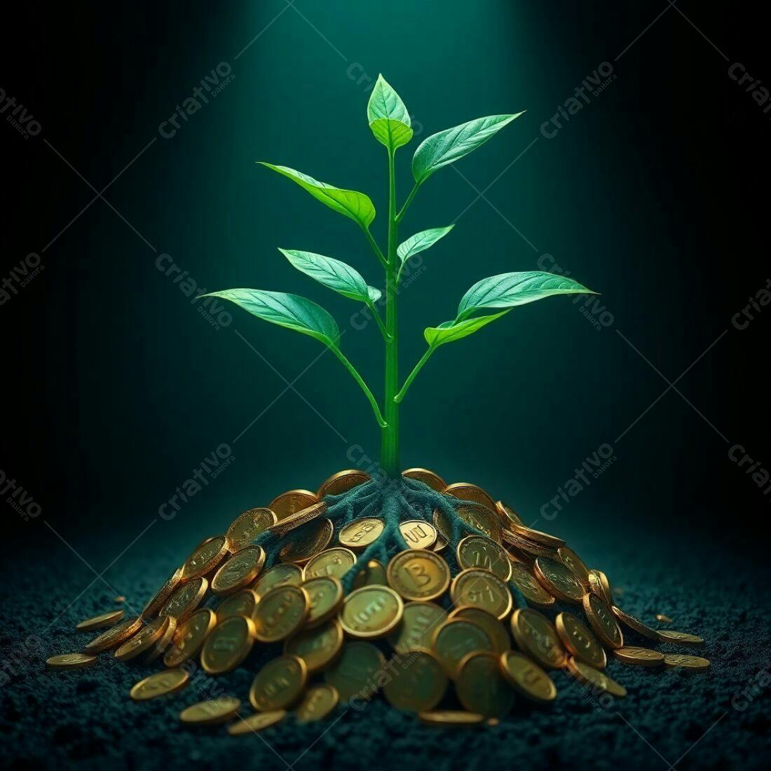 Planta crescendo em pilha de moedas