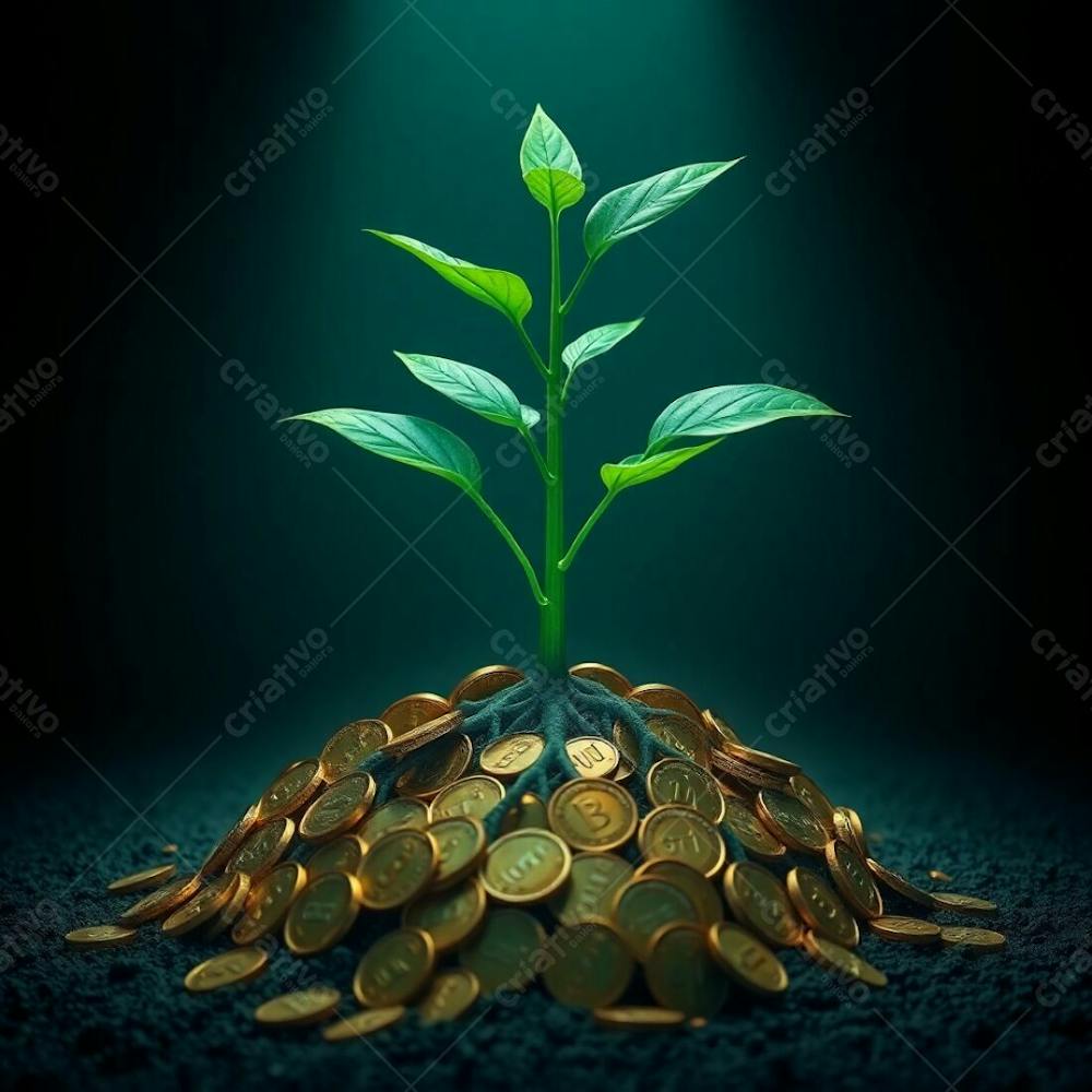 4K Realistic Image Of A Plant With Roots Of Coins, Illustrating The Concept Of Planting Money To Harvest Money, Intense Dramatic Lighting, Rich Deep Teal Color Palette, Luxurious An