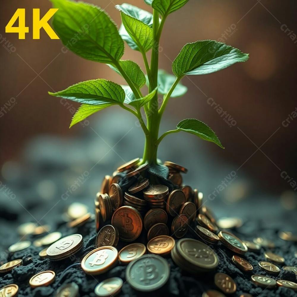 4K Realistic Image, A Close Up Surreal Depiction Of A Plant With Coin Roots, Symbolizing Financial Growth. Dreamlike Imagery With Fantastical Elements, Bizarre Scenes, Detailed Focu