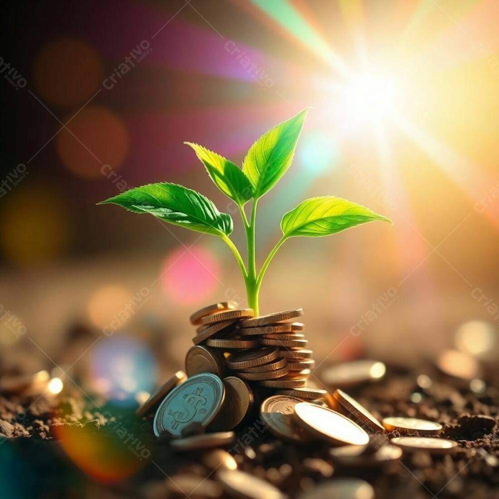 4K Realistic Image, Bright Lens Flare With Iridescent Colors And Reflections, Light Streaks, Vibrant Colors, Depicting A Plant With Coin Roots Symbolizing Planting Money To Harvest