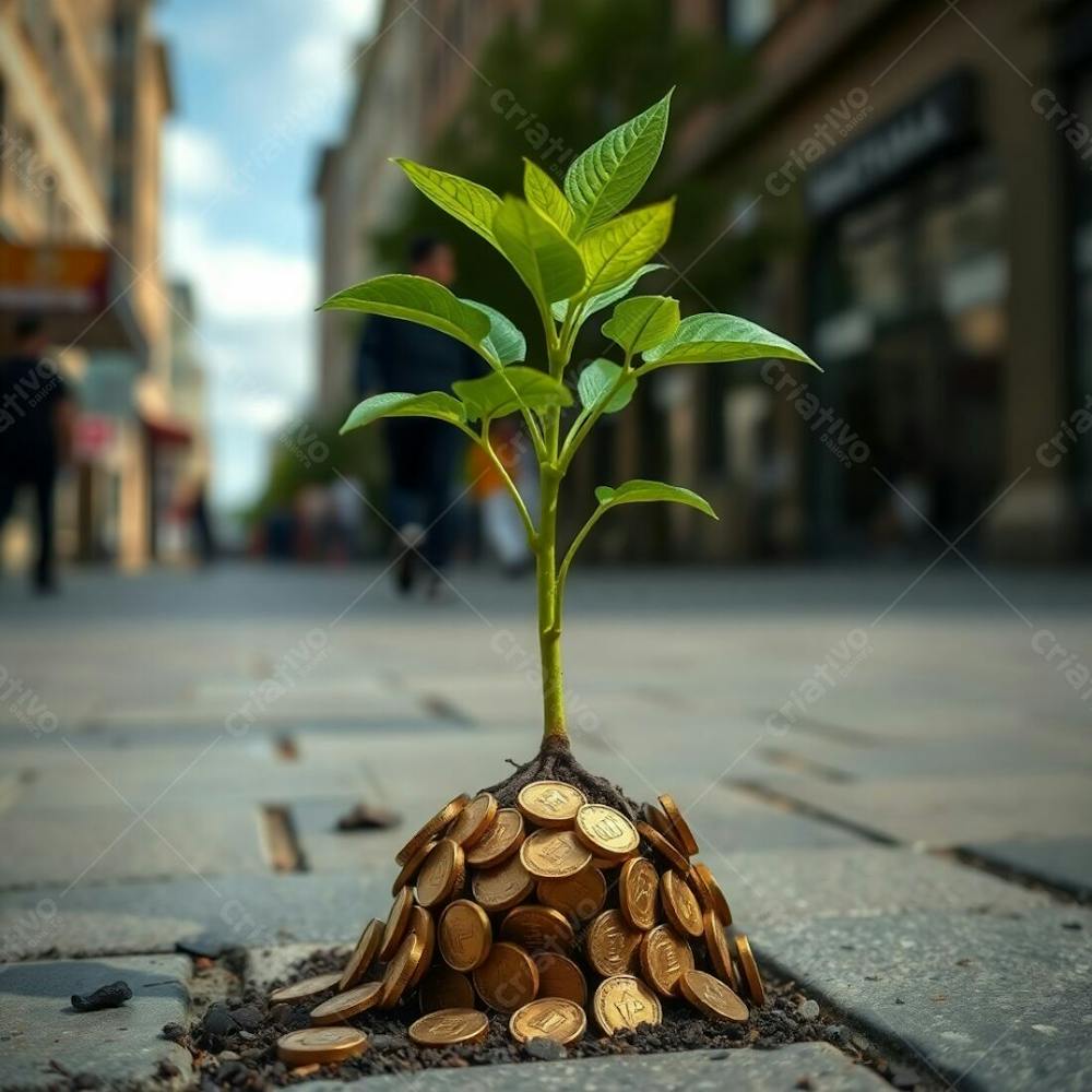 4K Realistic Image, Candid Street Photography Style, Elegant And Graceful Depiction Of A Plant With Coin Roots Symbolizing Planting Money To Harvest Money, Refined Features, Urban S