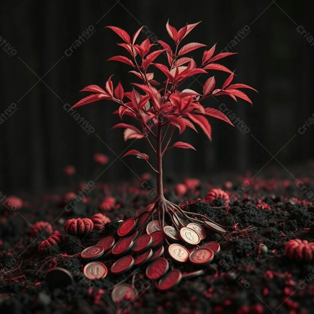 4K Realistic Image, Eerie And Creepy Surreal Atmosphere, Infrared Tones, Dark Tones, Unsettling Details, Plant With Coin Roots Symbolizing Planting Money To Harvest Money, Otherworl