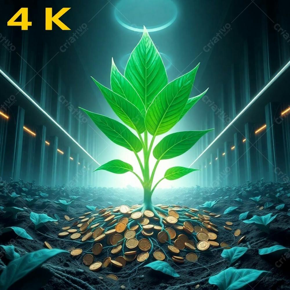 4K Realistic Image, Epic Scene With Modern Futuristic Grand Design, Deep Teal Plant With Coin Roots Symbolizing Planting Money To Harvest Money, Luxurious And Vibrant, Massive Scale