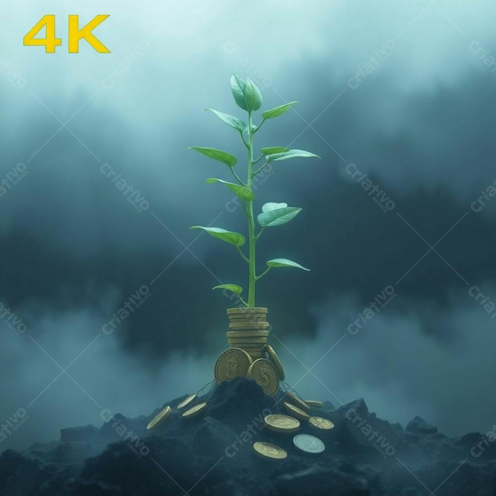 4K Realistic Image, Futuristic Sci Fi Style, Thick Foggy Surroundings, Low Visibility, Advanced Technology, Space Elements, Depicting A Plant With Coin Roots Symbolizing Planting Mo